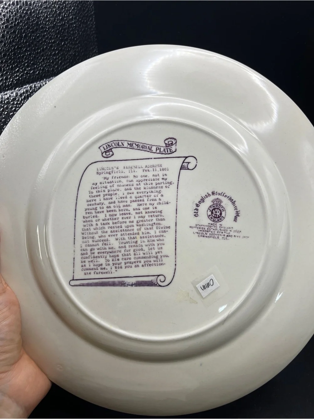 Vintage Staffordshire Lincoln's Tomb Transferware Souvenir Plate Mulberry